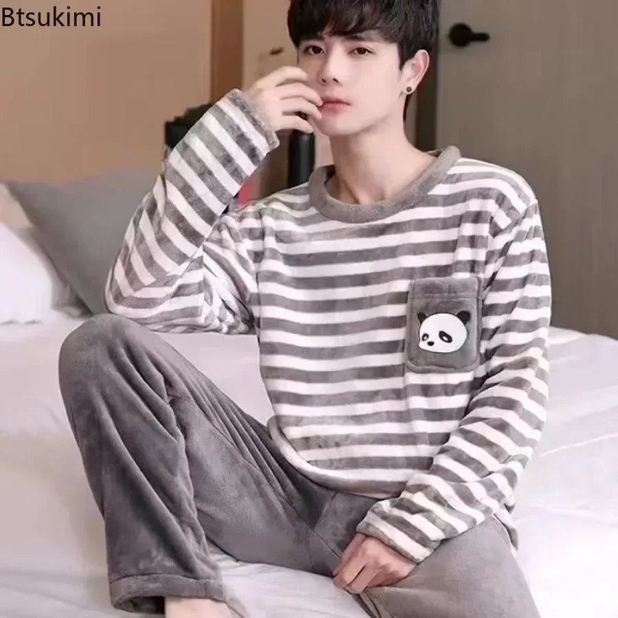 2025 Men's Autumn Winter Warm Flannel Pajama Sets Casual Soft Sleepwear Homewear 2PCS Sets Male Loose Coral Velvet Lounge Sets