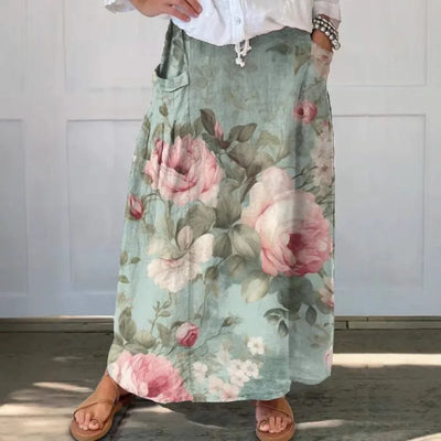 Women‘s Summer Floral Print Skirts Casual Trendy Pleated Skirts with Pockets Elastic High Waist Flowy Loose Skirts Holiday Dress