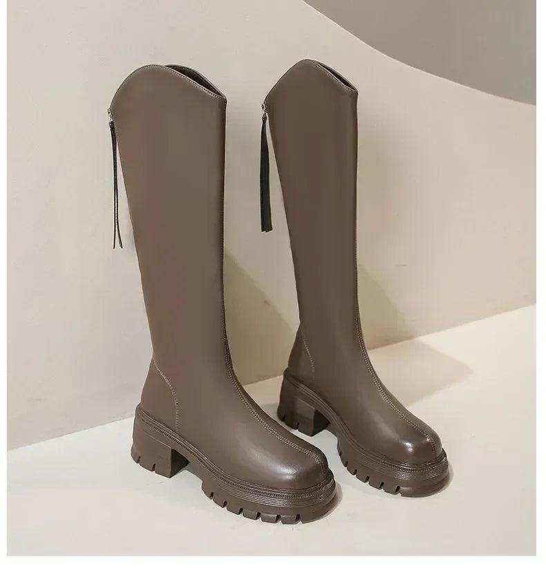 Long tube boots for women 2025 winter new height increasing knight thick heel retro versatile women’s