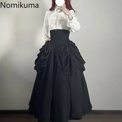 High Waist A-line Skirts for Women's 2025 Faldas Mujer De Moda Lolita Style Japanese Sweet Saia Patchwork Lace Big Swing Skirt