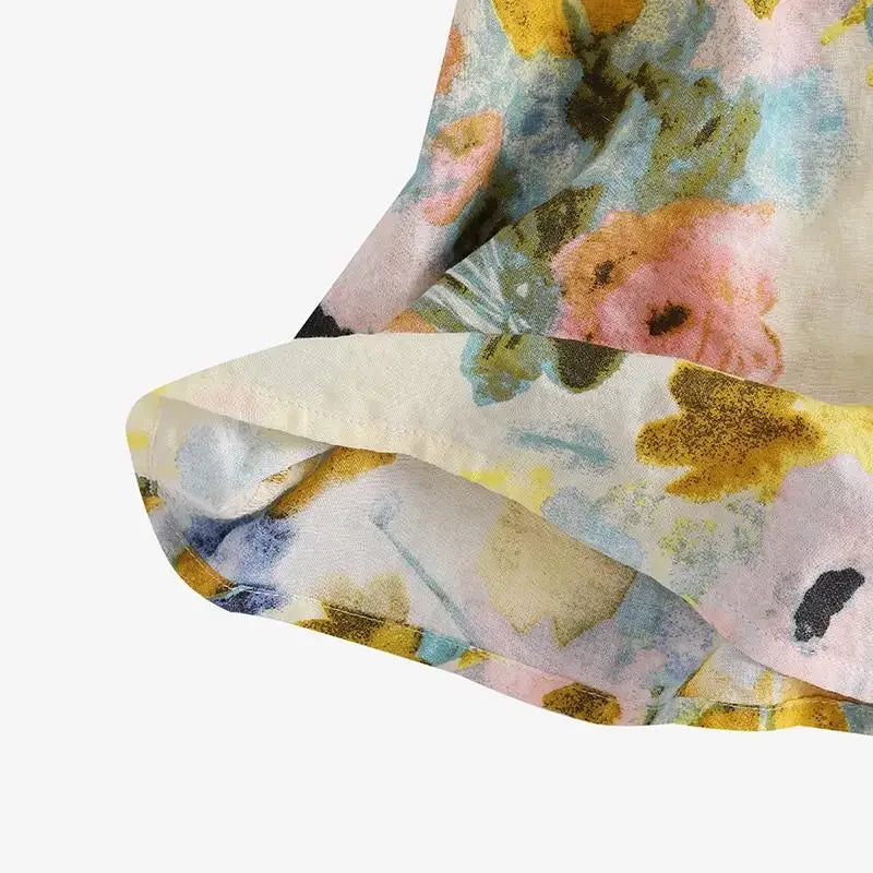 Women's Linen Bohemian Floral Printed  3/4 Sleeve O-Neck Top