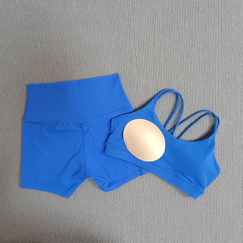 2 Pieces Yoga Set Gym Shorts Sports Set Women Workout Outfit Fitness Suit Cross Straps Bra High Waist Shorts Running Tracksuit