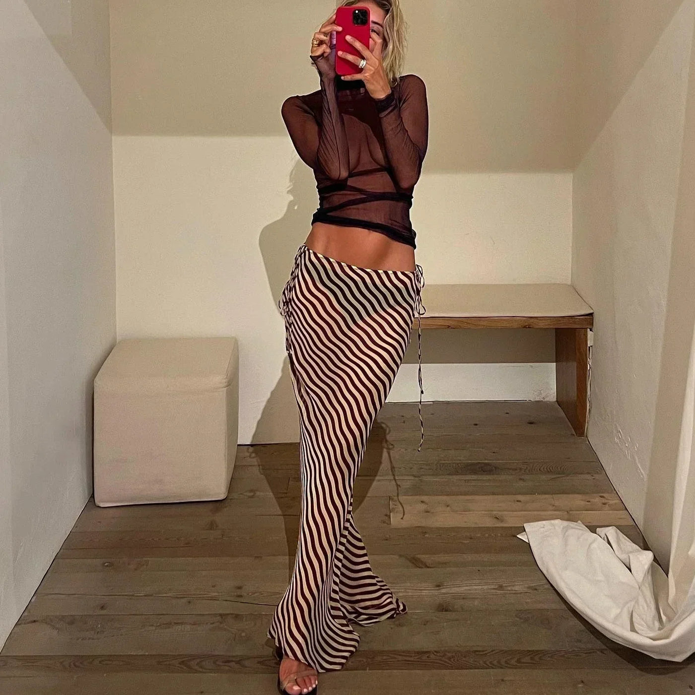 Long Sheer Cover Up Skirt Summer Low Waist Lace Up Chiffon Holiday Skirt 2024 DSMTRC Women Sexy See Through Striped Beach Skirts