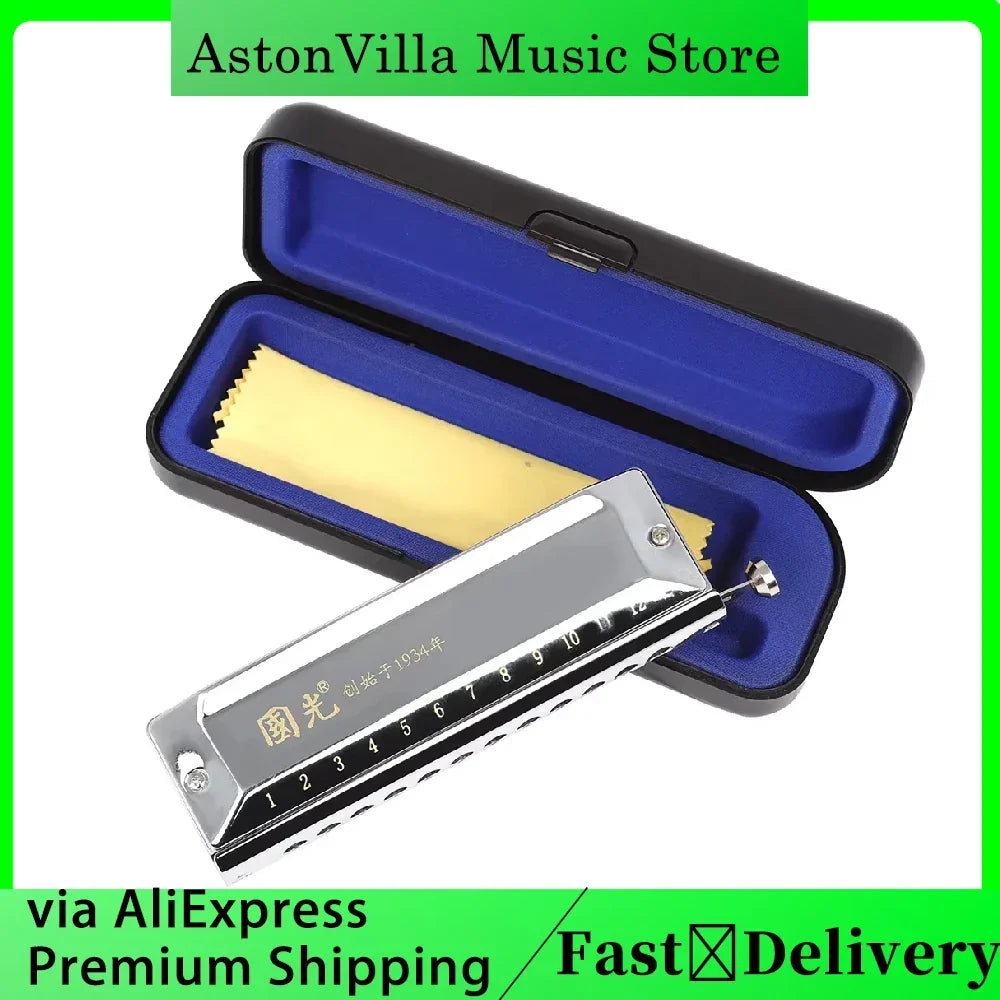 Professional Silver Chromatic Harmonica｜12-Hole 48 Tones w/Stainless Cover｜Guoguang Voice-Optimized｜Home Use for All Ages 🎶