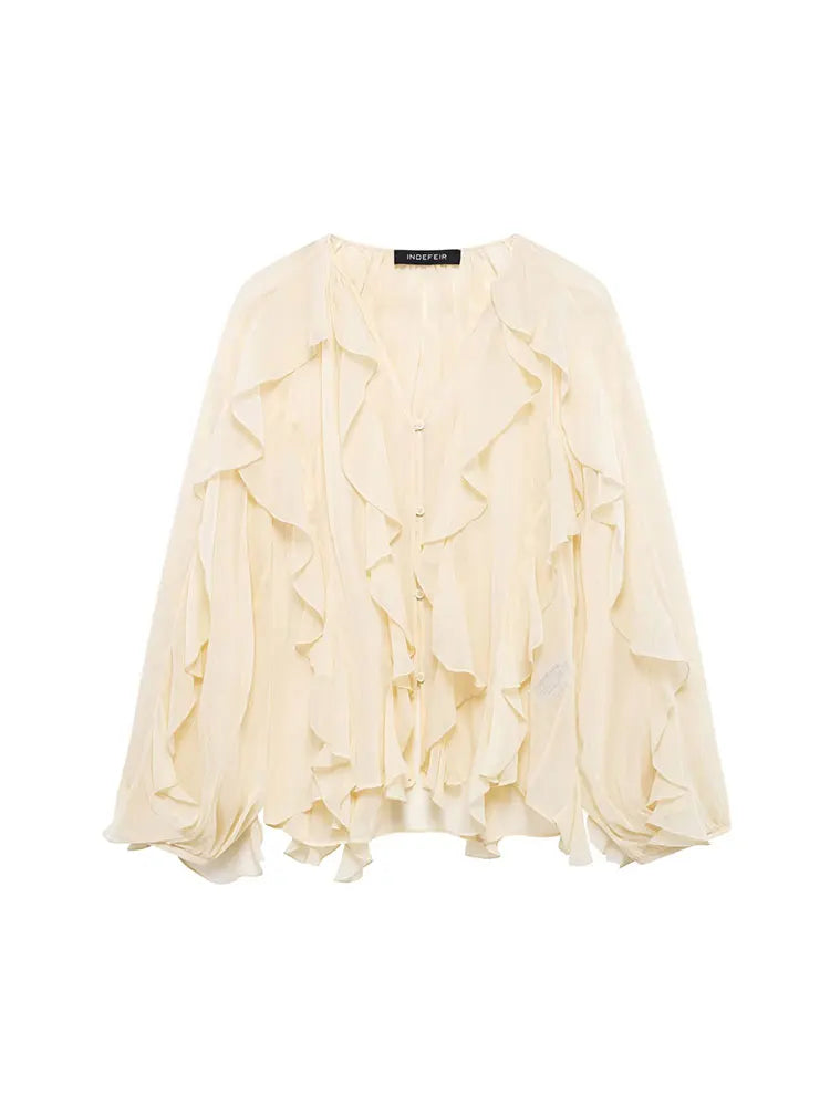 Women's Casual Ruffled Shirt Loose Lace Up Hollow Out V Neck Tops 2025 Spring Blouses Women Clothes