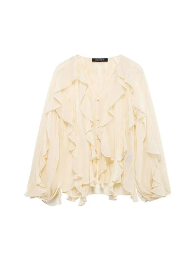 Women's Casual Ruffled Shirt Loose Lace Up Hollow Out V Neck Tops 2025 Spring Blouses Women Clothes