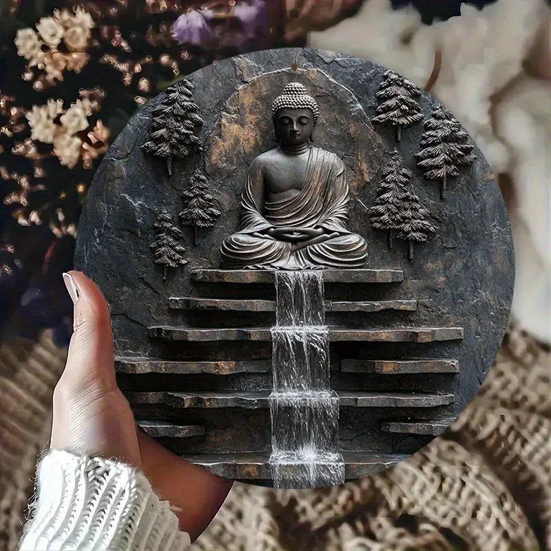 Wall art,Vintage Buddha Meditation Metal Wall Art -Sign with Serene Monk and Waterfall Design Yard,  Garden Wall Art
