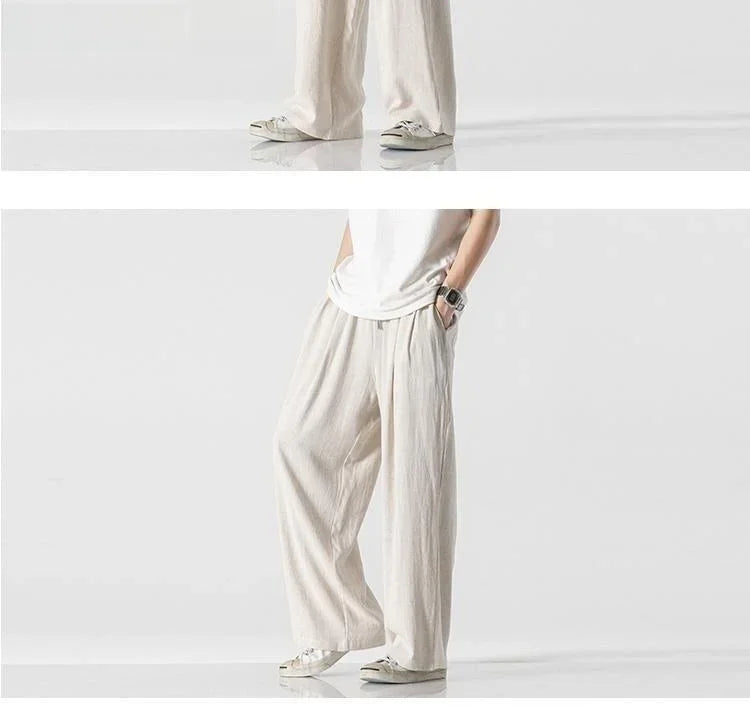 Summer Large Size Linen Cotton Wide Leg Pants Men Casual Comfortable Loose Fit Straight Leg Trousers Long Pants
