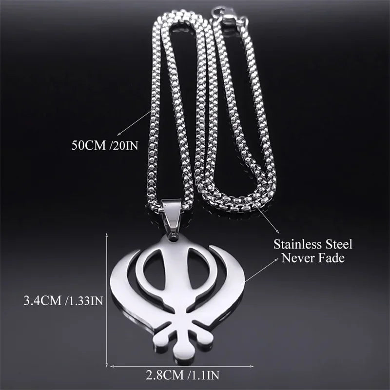 India Sikhism Symbol Necklace Pendant for Women/Men Stainless Steel Silver Color Sikh Khanda Necklaces Religious Jewelry N8090S0