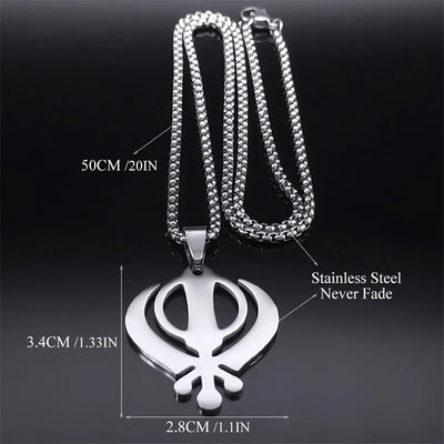 India Sikhism Symbol Necklace Pendant for Women/Men Stainless Steel Silver Color Sikh Khanda Necklaces Religious Jewelry N8090S0