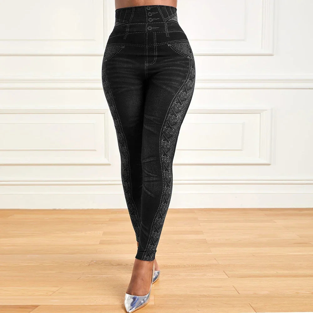 M XXL Faux Denim Leggings Women