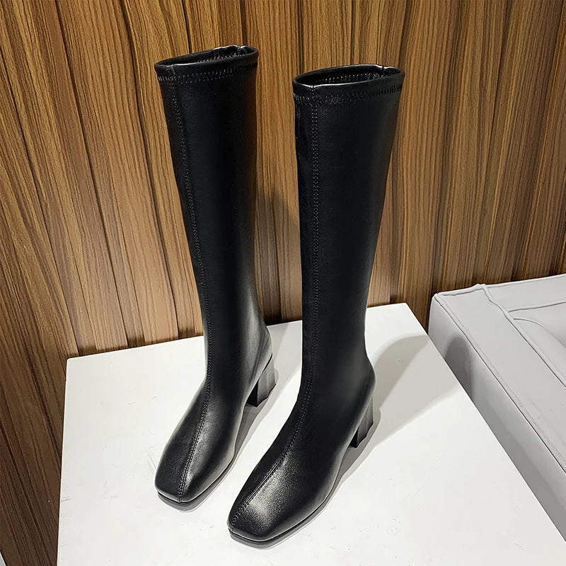 Knee-high  Boots Women's Autumn Winter Faion Briti Sle Flat Head Slimming High-calf Boots Waterproof PU Leather