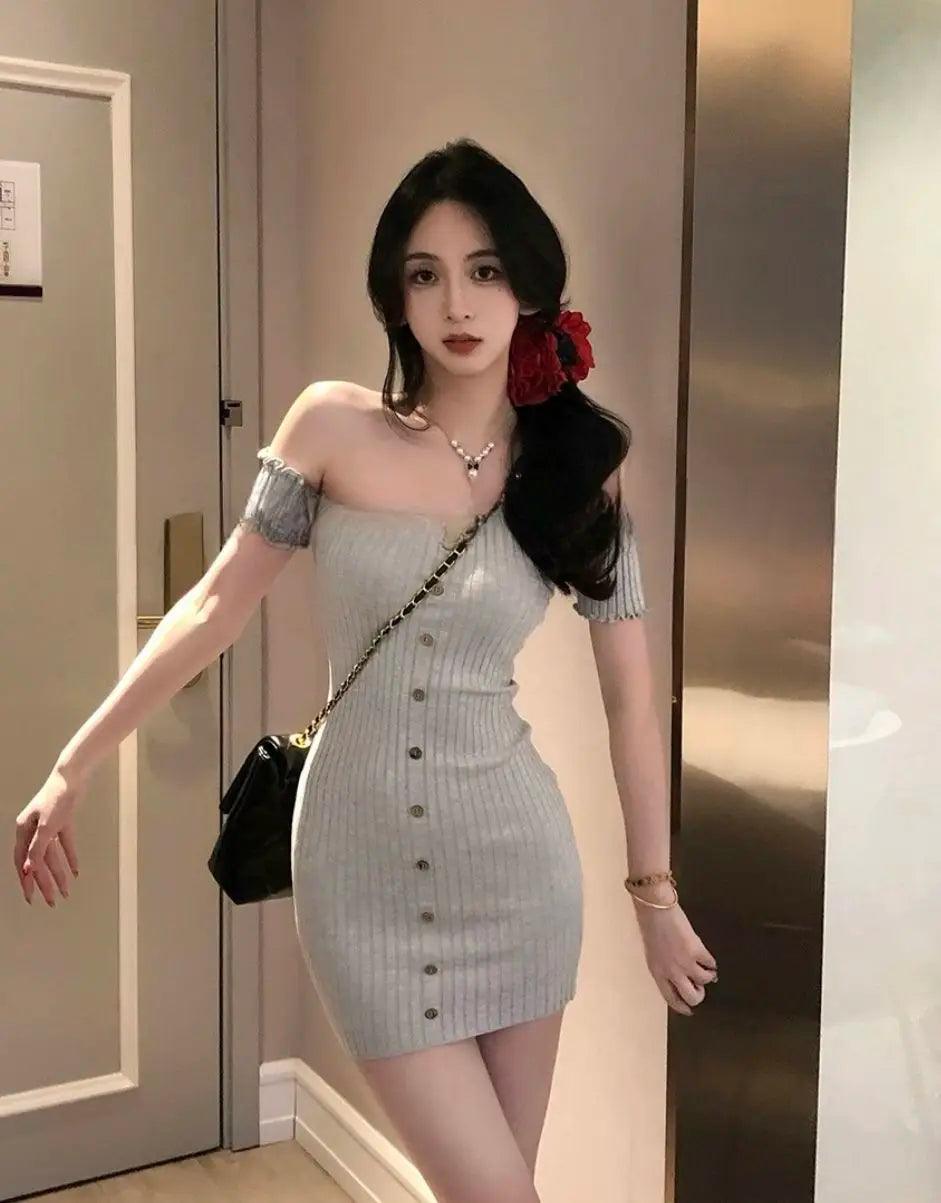 Woman dress for women 2025 vestidos de mujer fashion slash neck tunic robe femme ruffles bodycon knitted button summer