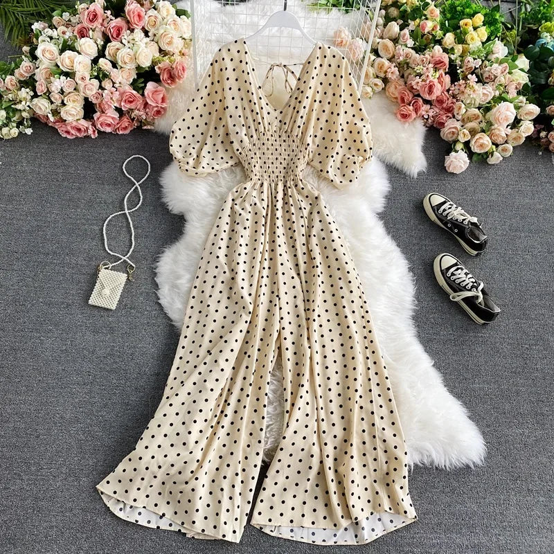 V Neck Sexy Dolman Sleeves Waist Slim Polka Dot Print Jumpsuit Women Wide Leg Trousers Jumpsuit