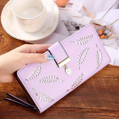 Elegant Women's Wallet With Hollowed-Out Leaf Design, Bifold Long Zippered Clutch, PU Leather Mobile Phone Bag Card Coin Purse