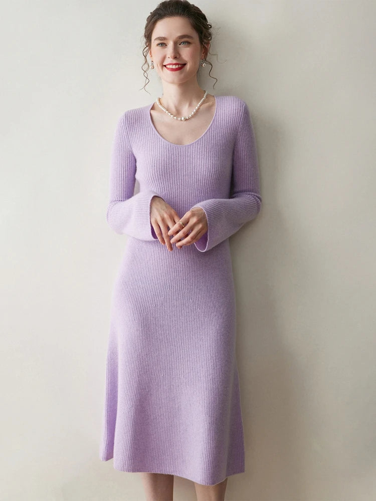 Women's Cashmere Sweater Dress Autumn Winter U-neck Striped Pullover 100% Cashmere Knitwear Slim Solid Flare Sleeve A-Line Skirt