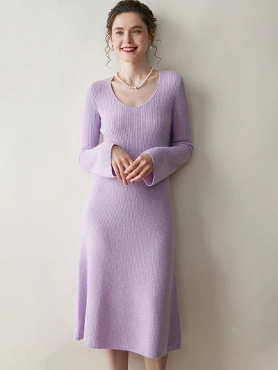 Women's Cashmere Sweater Dress Autumn Winter U-neck Striped Pullover 100% Cashmere Knitwear Slim Solid Flare Sleeve A-Line Skirt