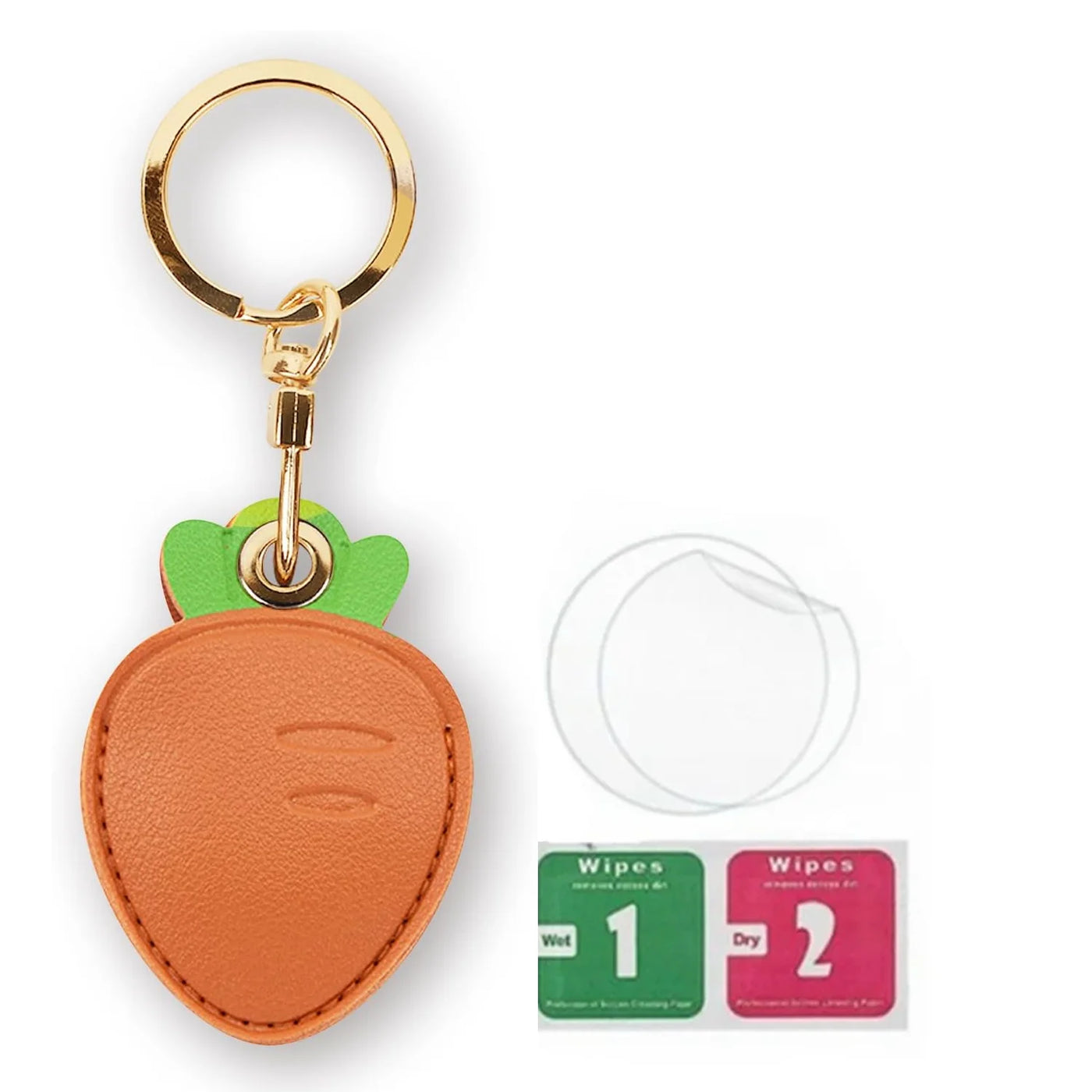 Brown leather apple keychain with hand straps, green leaves, gold ring for AirTag