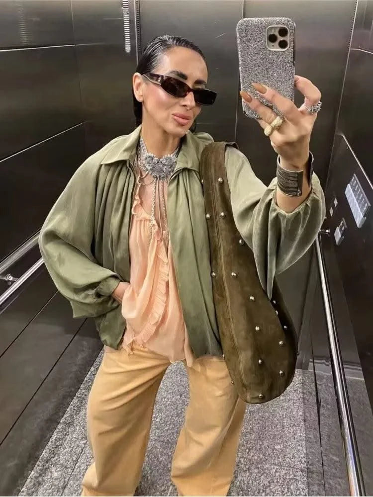 HipSeam Satin Bomber Jacket Women Casual Pleated Zipper Jackets