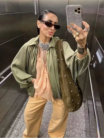 HipSeam Satin Bomber Jacket Women Casual Pleated Zipper Jackets