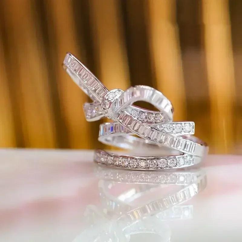 Luxury bow design rings for women wedding jewelry fashion bridal ring shiny zircon geometric crystal accessories