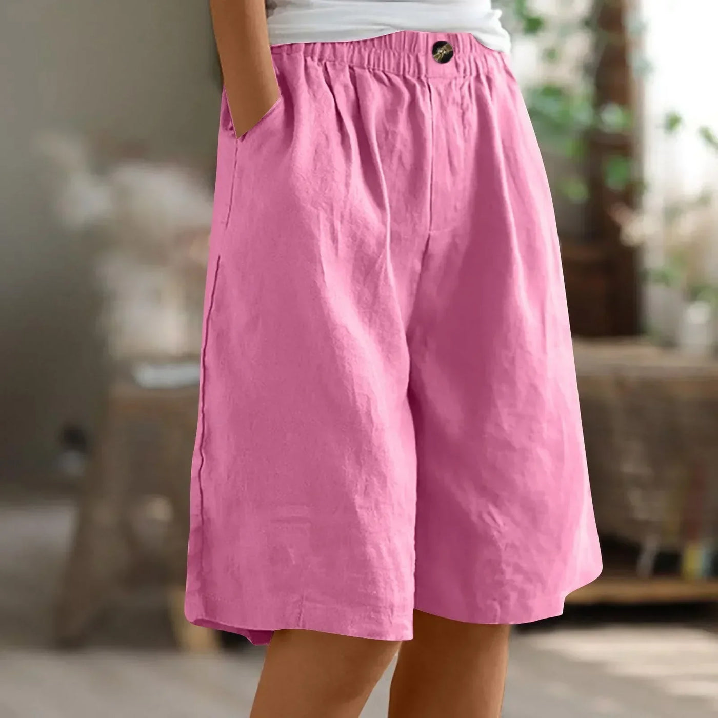Women's Fashion Solid Color Cotton Linen Shorts - Loose Elastic Waist Capris with Pocket and Button Up Design