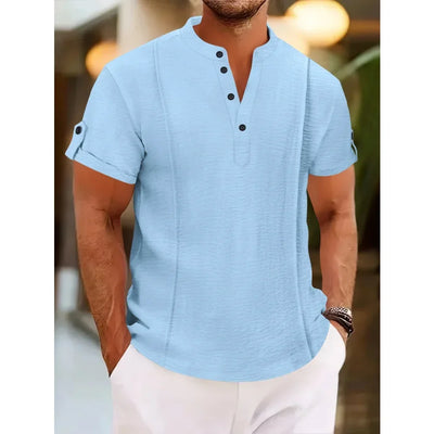 Men's summer new style standing collar short-sleeved POLO Shirts double button front casual outdoor beach wind solid color Tops