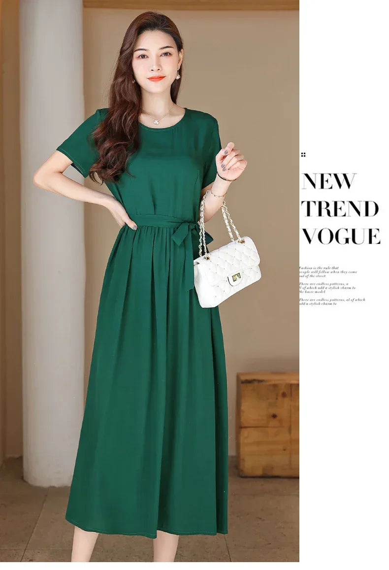 New Fashion Summer Dresses For Women 2025 Elegant Casual Short Sleeve Midi Dress Soild Colour Women Clothing