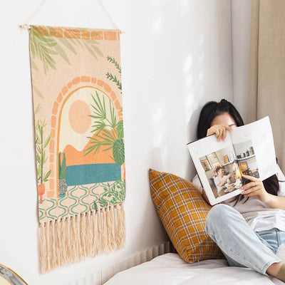 Home decoration Bohemian Tapestry Wall decor aesthetic room Tassel Macrame Hanging Art geometric Woven Cotton Handmade Linen for