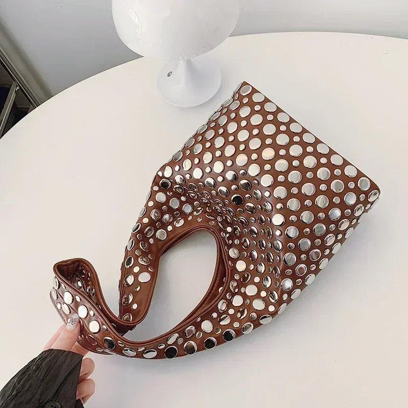 Designer geometric shoulder bag for women top brand handbag luxury shiny rivet handmade evening clutch fashion party