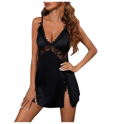 Women's Clothing Sexy See-Through Halter Nightgown Lace Splicing Deep V Seduction Bathrobe Texture Comfortable Home Wear