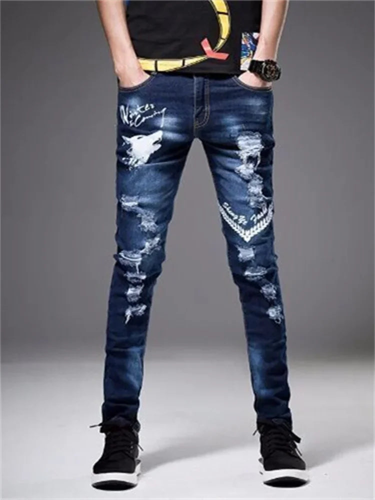 Men's Chinese Dragon Embroidery Jeans Fashion Kylin Embroidered Slim Pencil Pants Stretch Denim Trousers jeans for men pants