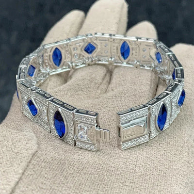 Wong Rain Elegant 100% 925 Sterling Silver Marquise Cut Sapphire Gemstone Women Bracelets Bangle Fine Jewelry Anniversary Gifts