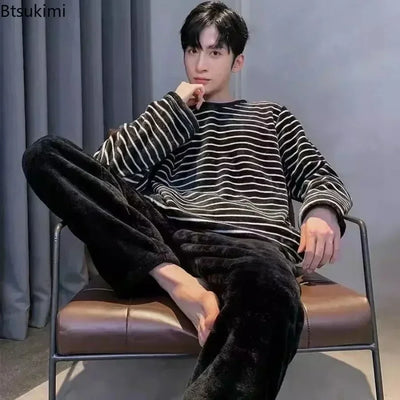 2025 Men's Autumn Winter Warm Flannel Pajama Sets Casual Soft Sleepwear Homewear 2PCS Sets Male Loose Coral Velvet Lounge Sets