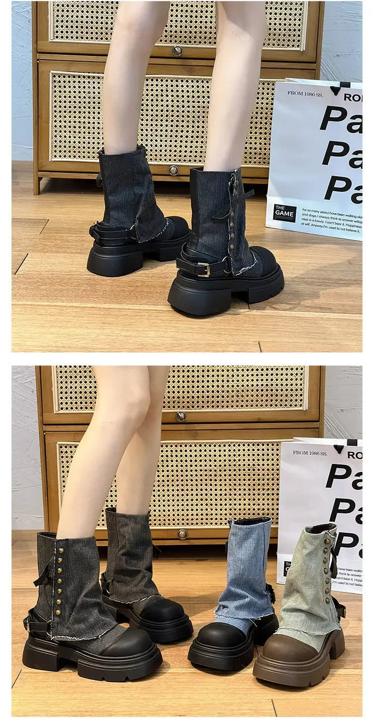 Women Boots British Fashion Pants Leg Boots  New Thick Soled Rivet Zipper Belt Buckle Platform Anti Slip Cowboy Short Boots