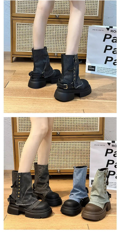 Women Boots British Fashion Pants Leg Boots  New Thick Soled Rivet Zipper Belt Buckle Platform Anti Slip Cowboy Short Boots