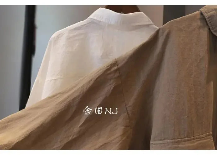 Cotton Linen Women Medium-Length White Polo Shirt