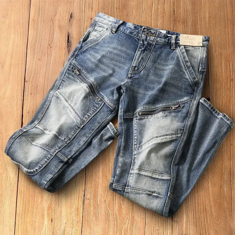 High-end 2022 Retro Motorcycle Jeans Men Spring Autumn Loose Zipper Designer Straight Pants Stitching Tooling Cargo Pants Men
