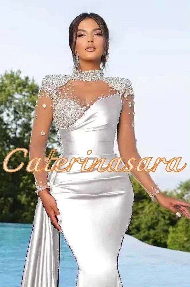 Luxury high neck evening dresses for women mermaid 2024 sheer long sleeves wedding party prom gowns vestidos de noche
