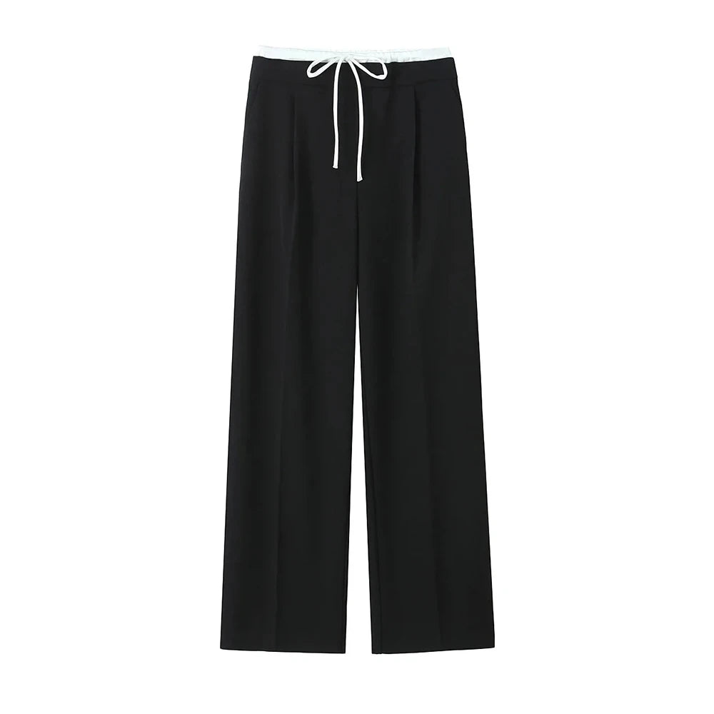 Women's Double Waistband Wide Leg Pants, High Elastic Waist With Drawstring, Side Pockets, Female Trousers, Chic Fashion