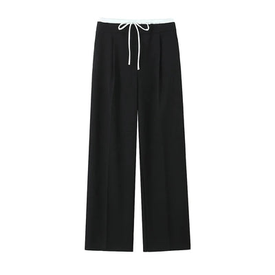 Women's Double Waistband Wide Leg Pants, High Elastic Waist With Drawstring, Side Pockets, Female Trousers, Chic Fashion