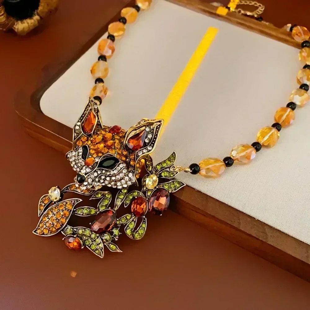 Luxury crystal cat necklace earrings beaded exaggerated rhinestones pendant accessories neck jewelry