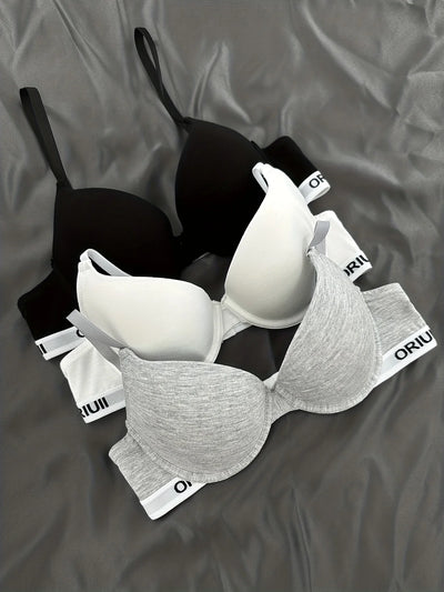3 pieces of letter print sports bras, comfortable and breathable undergarments, women's underwear.