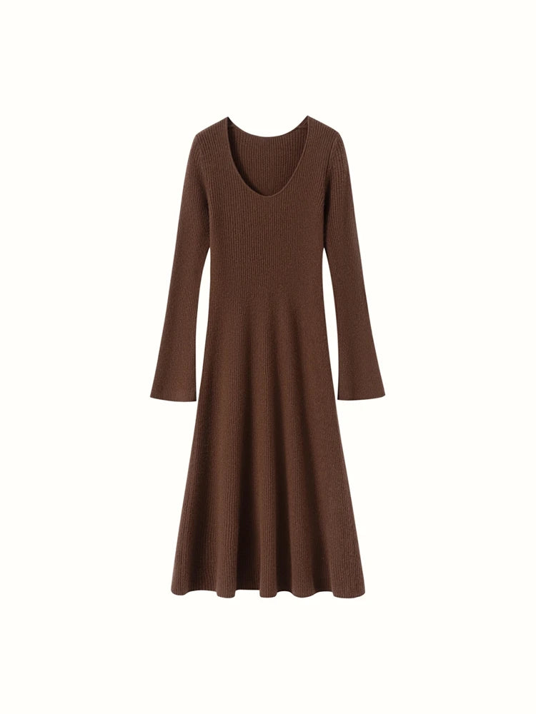 Women's Cashmere Sweater Dress Autumn Winter U-neck Striped Pullover 100% Cashmere Knitwear Slim Solid Flare Sleeve A-Line Skirt