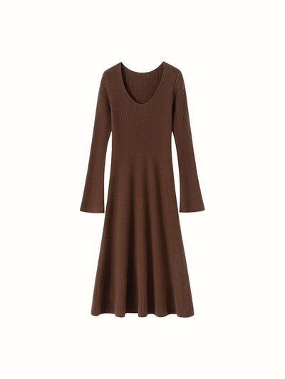 Women's Cashmere Sweater Dress Autumn Winter U-neck Striped Pullover 100% Cashmere Knitwear Slim Solid Flare Sleeve A-Line Skirt