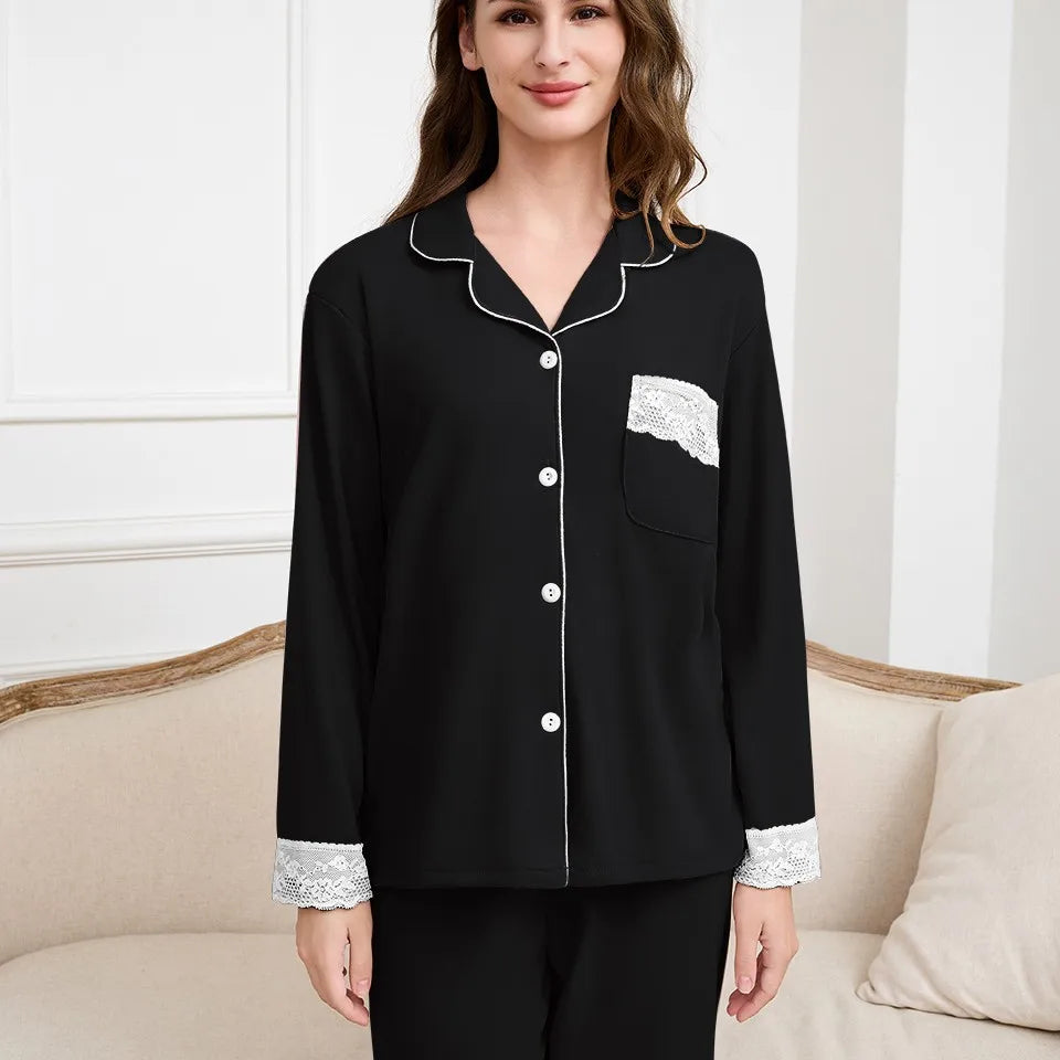 Autumn and Winter Women' Homewear Velour Fabric Collared Lace Trim with Pocketed Long-Sleeved Top Trousers Casual Warm Pyjamas