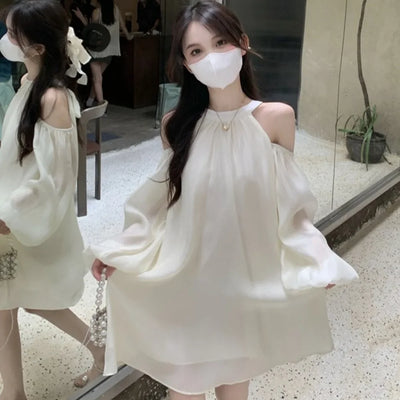 A-line Off Shoulder Halter Dress Off Shoulder Hanging Neck Lace-up Short Skirts Beachwear Sweet Girl Style Dresses Women Summer