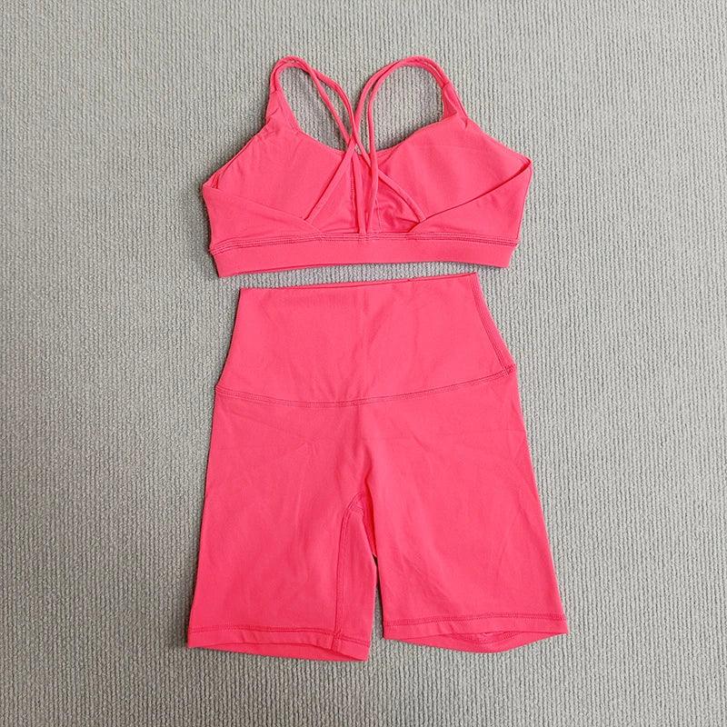 Yoga Shorts Set Gym Sports Set Women Fitness Suit Clothes 2 Piece Cross Back Bra Top High Waist Shorts Running Workout Tracksuit
