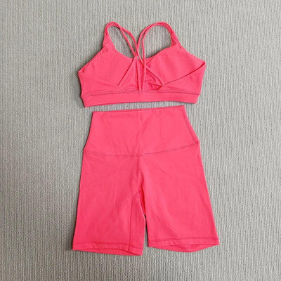 Yoga Shorts Set Gym Sports Set Women Fitness Suit Clothes 2 Piece Cross Back Bra Top High Waist Shorts Running Workout Tracksuit