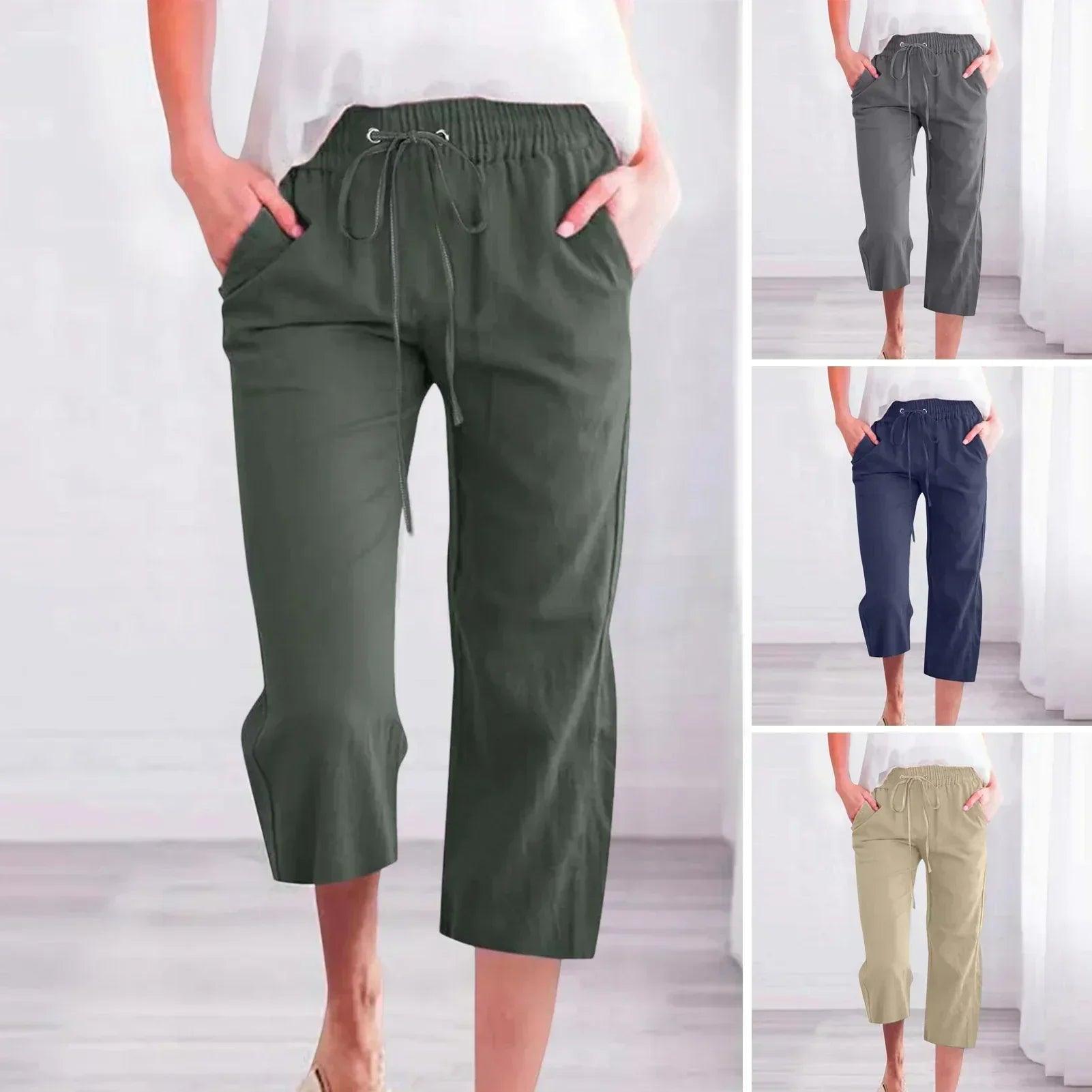 Women’s pants cotton linen harem cropped women drawstring lady pocket trousers loose ropa mujer juvenil